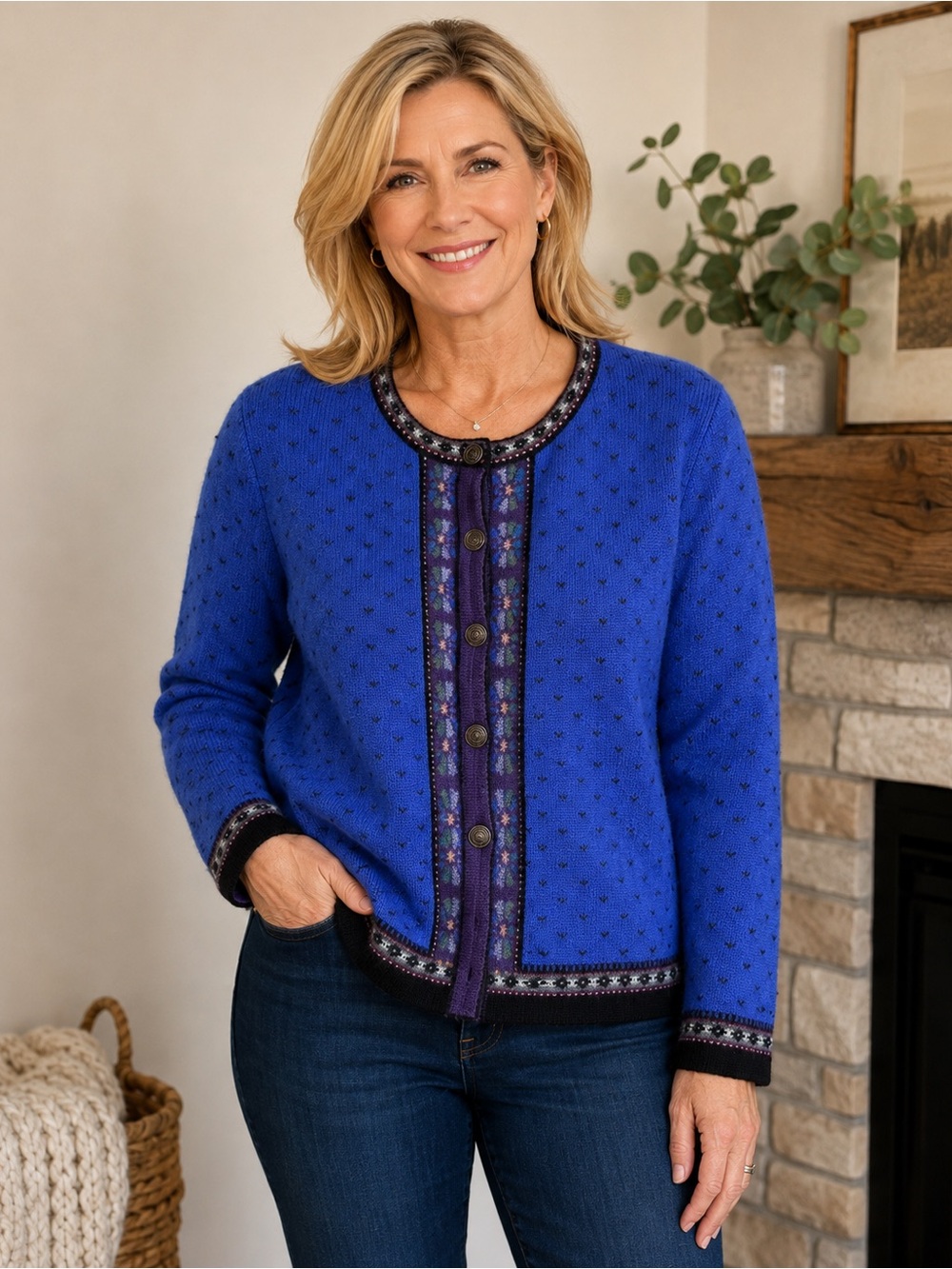VTG Tally Ho Creation Blue Cardigan Sweater 100% Wool Women's M Nordic Cardigan